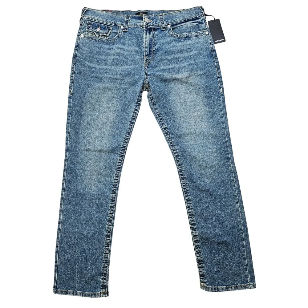 True Religion Geno Big T‎ Flap Slim Jeans 38 Medium Melting Wash 700219 Mens NEW